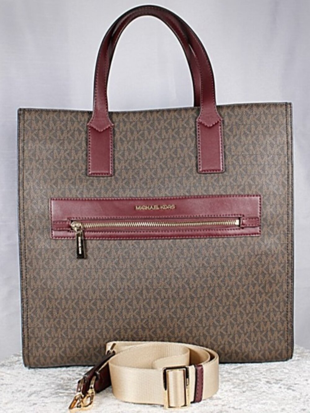 Michael Kors Signature Logo Large Tote Bag Brown Burgundy Convertible Strap